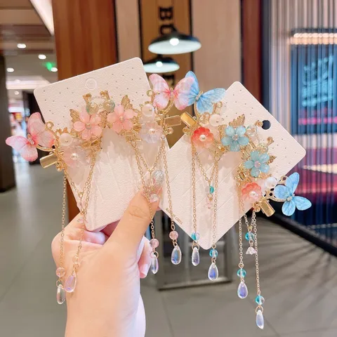 Vintage Chinese Style Butterfly Floral Hair Clips Long Tassel Hanfu Accessories Handmade Bows Beads Hairpins For Kids Girls Jewelry