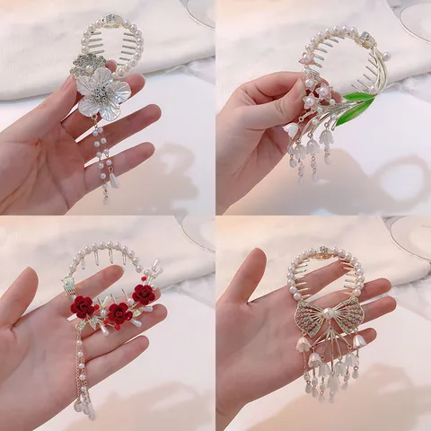 Ancient Style Lily of the Valley Tassel Hair Claw Clip For Women Flower Butterfly Rhinestone Artificial Pearl Bun Holder Elegant Headwear