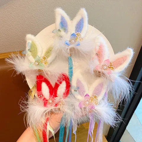 Cute 3D Rabbit Ear Tassel Hair Clip For Girls Chinese Style Flower Feather Hairpins Hanfu Ancient Headwear Kids Hair Accessories