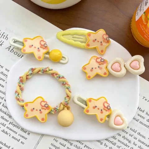 Cute Sweet Star Hair Clips High Elastic Hair Ties For Girls Yellow Heart Duckbill Clips Bang Clips Kids Hair Accessories