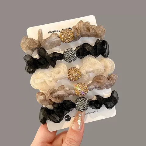 Women Korean Simple Organza Scrunchies Rhinestone Ball Hair Ties High Elastic Ponytail Holder For Daily Office Party Accessories