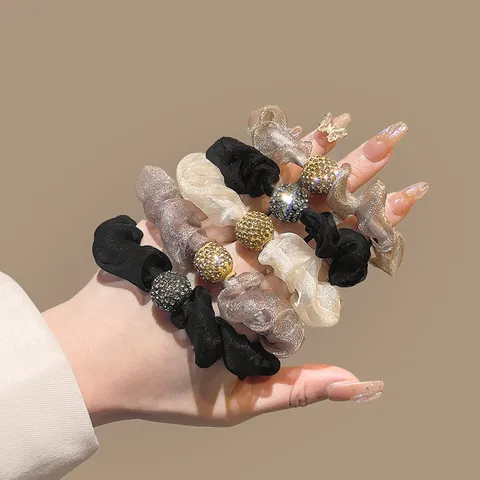 Women Korean Simple Organza Scrunchies Rhinestone Ball Hair Ties High Elastic Ponytail Holder For Daily Office Party Accessories