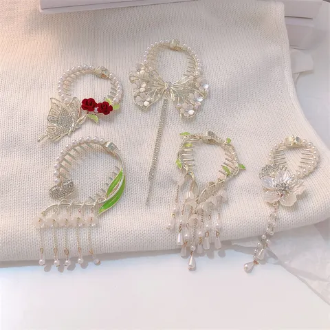 Ancient Style Lily of the Valley Tassel Hair Claw Clip For Women Flower Butterfly Rhinestone Artificial Pearl Bun Holder Elegant Headwear