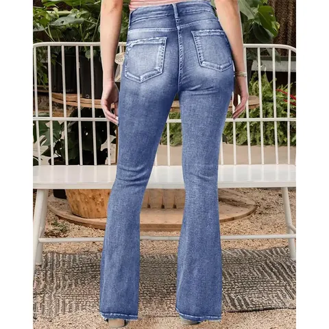 Women Vintage Mid Waist Flare Jeans Casual Button Fly Stretch Denim Long Pants Solid Color Women Bottoms
