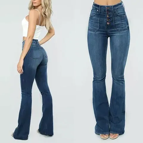 Women High Waist Flare Jeans Vintage Washed Denim Pants Multi Button Fly Stretch Bootcut Long Trousers Streetwear