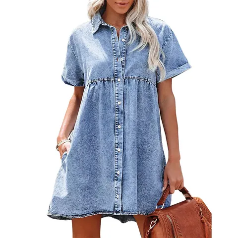Women Casual Denim Cotton Short Sleeve Turn Down Collar Ruffle Mini Dress Single Breasted Loose Summer Dress