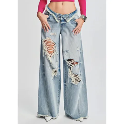 Women's Casual High Waist Wide Leg Denim Pants Irregular Rolled Waist Ripped Distressed Loose Streetwear Long Jeans