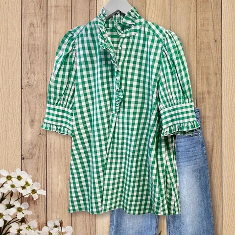 Blusa Casual de Cuadros con Volantes y Manga Corta y Cuello en V para Mujer Verano Ajustada Estilo Dulce Top de Poliéster
