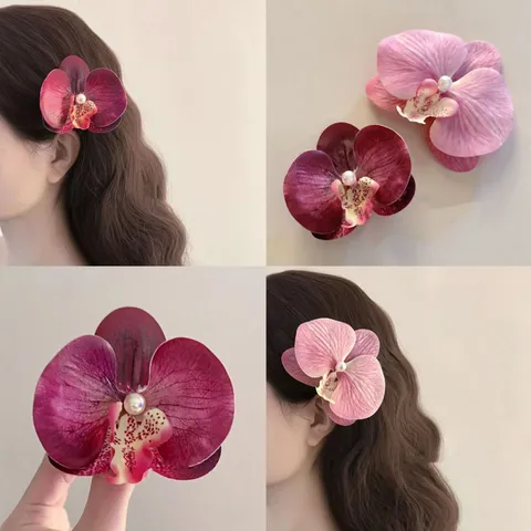 Vintage Orchid Flower Hair Clip With Artificial Pearl Elegant Fabric Floral Duckbill Clip For Women Girl Hair Accessories