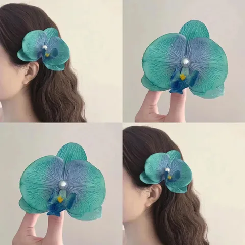 Vintage Orchid Flower Hair Clip With Artificial Pearl Elegant Fabric Floral Duckbill Clip For Women Girl Hair Accessories