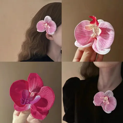 Handmade Fabric Orchid Flower Hair Clip Elegant Phalaenopsis Duckbill Clip With Artificial Pearl Floral Hair Accessories For Women Wedding Party