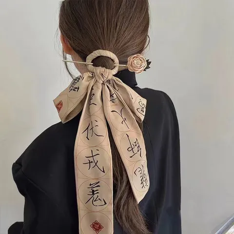 Vintage Chinese Style Hairpin Long Ribbon Bow Calligraphy Printed Hair Stick Hanfu Accessories Artificial Pearl Floral Headpiece For Women
