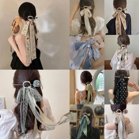 Vintage Chinese Style Hairpin Long Ribbon Bow Calligraphy Printed Hair Stick Hanfu Accessories Artificial Pearl Floral Headpiece For Women