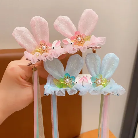 Kids Ancient Style Rabbit Ear Tassel Hair Clips Girls Ethereal Long Ribbon Hairpin Princess Hanfu Headwear Hair Accessories