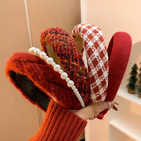 Retro Red Velvet Wide Headband For Women New Year Christmas High Cranial Top Padded Hair Band Festive Artificial Pearl Hair Accessories