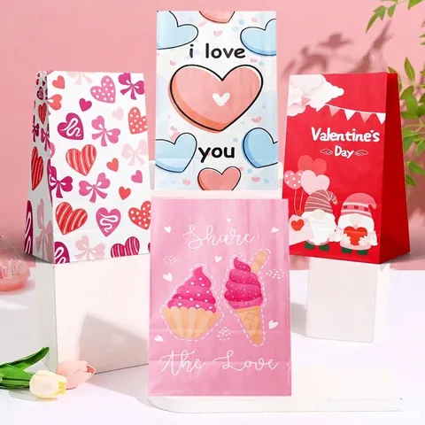 12 Piezas Bolsas de Regalo de Papel Kraft de San Valentín Patrón de Corazón Gnomo Sin Asa Bolsas de Caramelos para Envoltura de Regalos