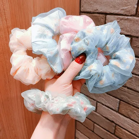 Korean Style Double Layer Chiffon Floral Hair Scrunchie Sweet Daisy Print Elastic Ponytail Holder Hair Tie For Women Girls