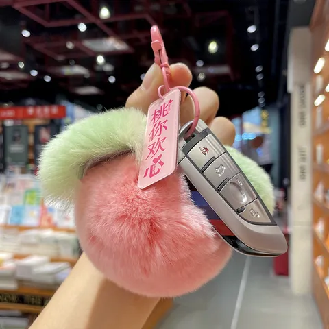 Cute Creative Real Rex Rabbit Fur Plush Keychain Fruit Shaped Peach Persimmon Soft Bag Pendant Accessories For Women Gift