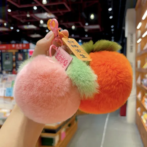 Cute Creative Real Rex Rabbit Fur Plush Keychain Fruit Shaped Peach Persimmon Soft Bag Pendant Accessories For Women Gift