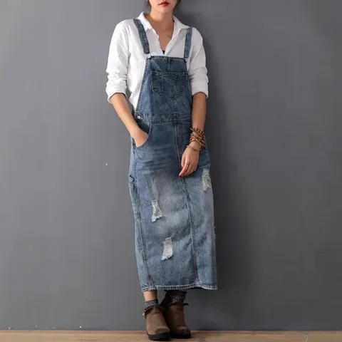 Women Casual Denim Overall Skirt Vintage Washed Ripped Midi Skirt Plus Size Streetwear Pocket Denim Skirt