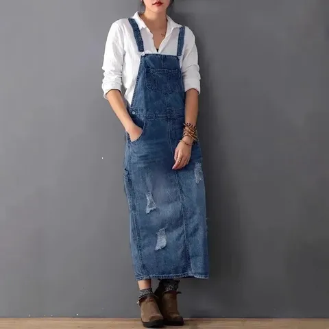 Women Casual Denim Overall Skirt Vintage Washed Ripped Midi Skirt Plus Size Streetwear Pocket Denim Skirt