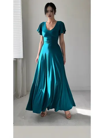Mujer Casual Color Sólido Manga de Hojas de Loto Cuello en V Vestido Largo Elegante Talle Alto Estilo Dulce Ropa de Moda de Verano