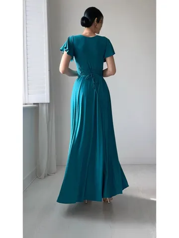 Mujer Casual Color Sólido Manga de Hojas de Loto Cuello en V Vestido Largo Elegante Talle Alto Estilo Dulce Ropa de Moda de Verano