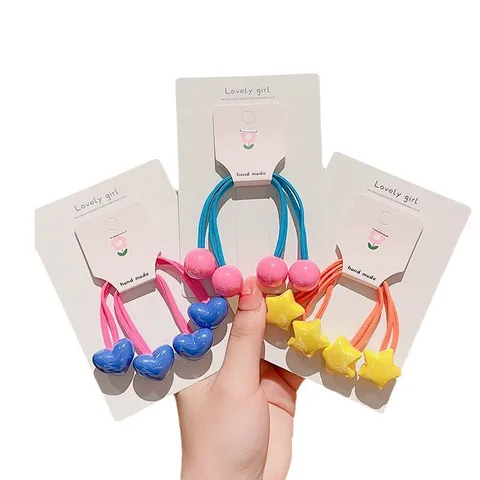 Children Candy Color Elastic Hair Ties With Acrylic Double Head Round Ball Heart Star Beads High Ponytail Holder Hair Accessories