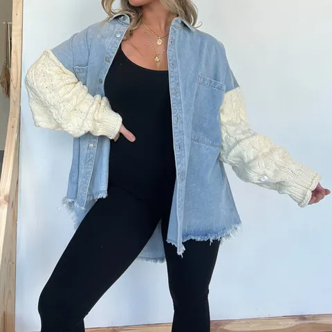 Women's Loose Spliced Denim And Knitted Sleeve Jacket Casual Long Sleeve Single-Breasted Turn-Down Collar Outerwear