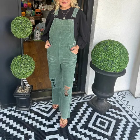 Women's Casual Corduroy Overalls Solid Color Loose Straight Long Jumpsuit With Pockets Button Bib Pants Casual Streetwear