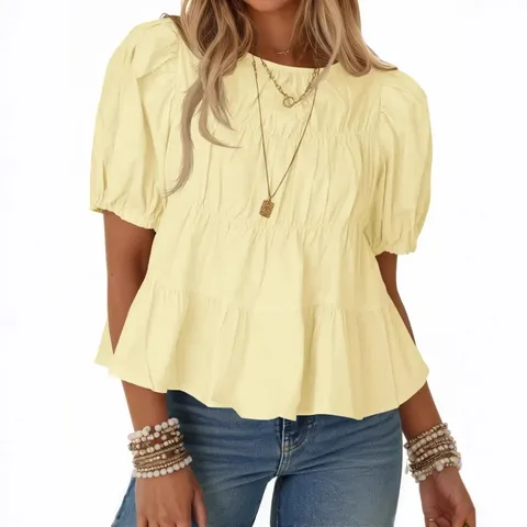 Dames Mode Casual Korte Mouw Blouse Effen Kleur Ronde Hals Geplooid Losse Pofmouw Shirt Top