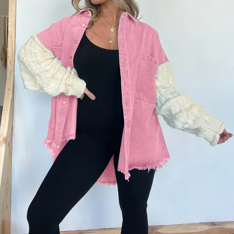 Women's Loose Spliced Denim And Knitted Sleeve Jacket Casual Long Sleeve Single-Breasted Turn-Down Collar Outerwear