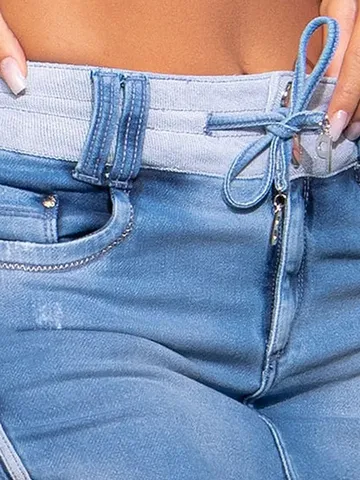 Women Casual High Waist Drawstring Patchwork Denim Mini Skirt Summer Fashion Streetwear Comfort Daily Apparel