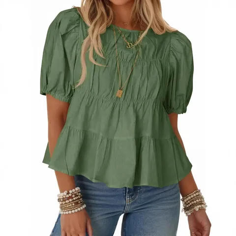 Dames Mode Casual Korte Mouw Blouse Effen Kleur Ronde Hals Geplooid Losse Pofmouw Shirt Top