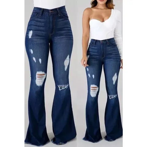 Women's High Waist Ripped Flare Jeans Casual Slim Fit Distressed Denim Pants