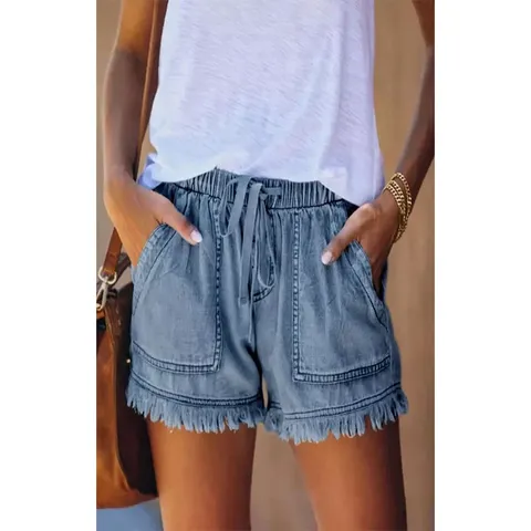 Pantalones Cortos de Mezclilla de Talle Alto Casual para Mujer Cordón Elástico Verano Básico Borde Sin Rematar Bolsillos Moda Streetwear Shorts