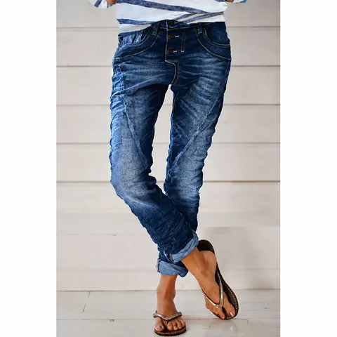 Women High Waist Ripped Flared Jeans Vintage Washed Denim Pants Button Fly Casual Long Trousers For Women