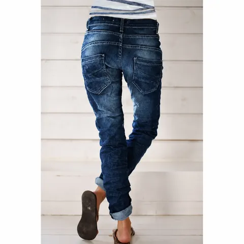Women High Waist Ripped Flared Jeans Vintage Washed Denim Pants Button Fly Casual Long Trousers For Women