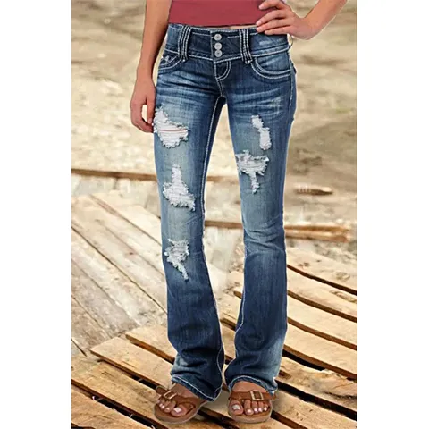 Women's Vintage Low Rise Ripped Flare Jeans Casual Button Fly Long Denim Pants