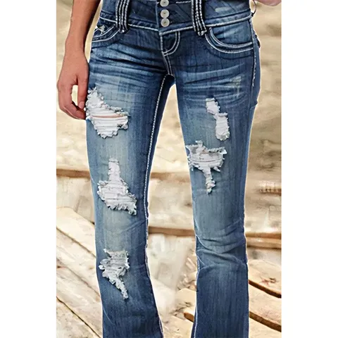 Women's Vintage Low Rise Ripped Flare Jeans Casual Button Fly Long Denim Pants