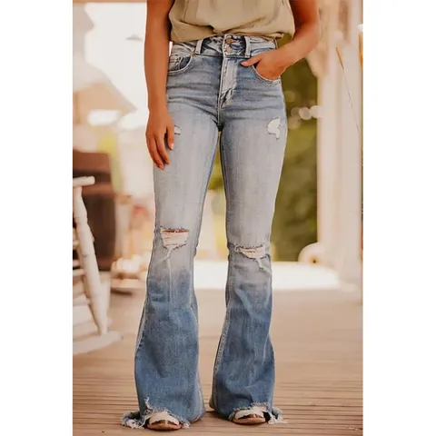 Women's High Waist Distressed Flared Jeans Vintage Washed Denim Pants Slim Fit Stretch Bootcut Trousers