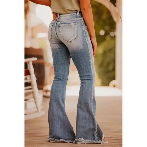 Women's High Waist Distressed Flared Jeans Vintage Washed Denim Pants Slim Fit Stretch Bootcut Trousers