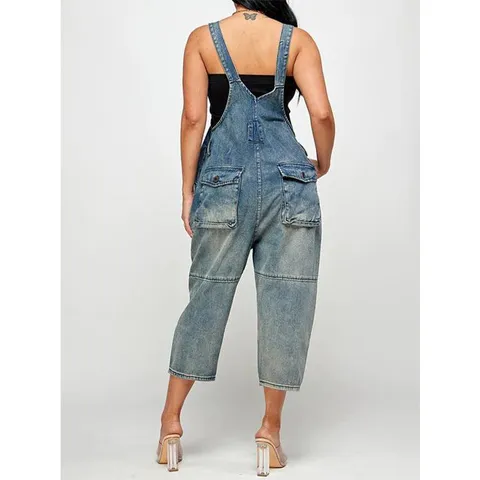 Women's Casual Denim Bib Overalls Loose Fit High Waist Cropped Jumpsuit Vintage Wash Cotton Blend Fashion Streetwear Pants