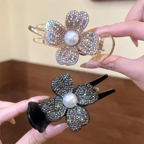 Sparkling Rhinestone Artificial Pearl Clover Hair Claw Clip Elegant Ponytail Bun Shark Clip Korean Style Hair Accessories For Women