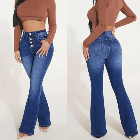 Women's High Waist Multi-Button Stretch Micro-Flare Denim Jeans Casual Long Trousers