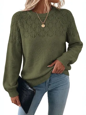 Women Casual Crew Neck Long Sleeve Hollow Out Knit Pullover Sweater Solid Color Loose Fall Winter Knitwear Top