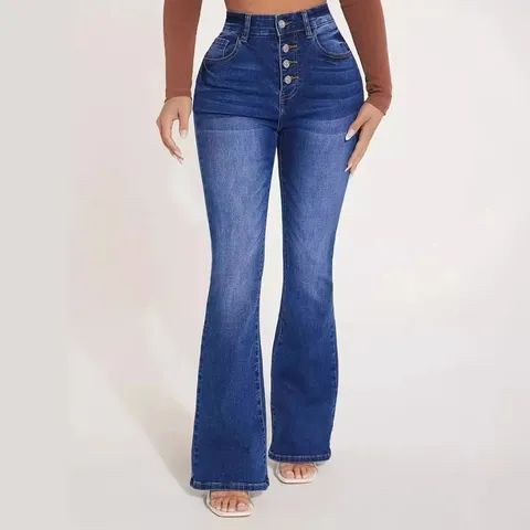 Women's High Waist Multi-Button Stretch Micro-Flare Denim Jeans Casual Long Trousers