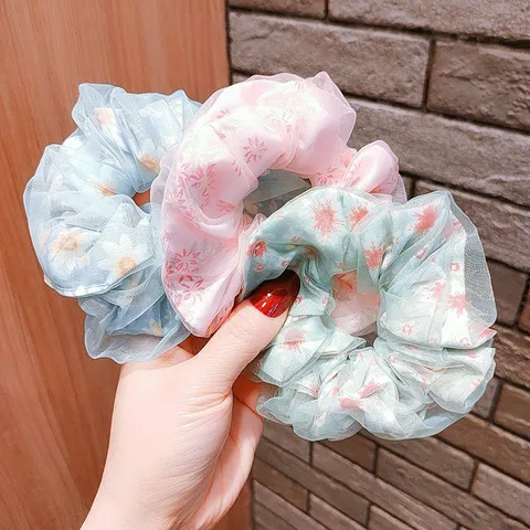 Korean Style Double Layer Chiffon Floral Hair Scrunchie Sweet Daisy Print Elastic Ponytail Holder Hair Tie For Women Girls