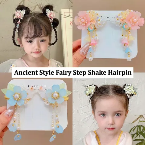 Ancient Style Chinese Hanfu Hair Clips Sweet Flower Tassel Hairpins For Kids Princess Ancient Costume Ribbon Accessories