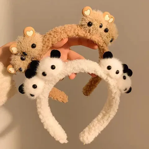 Cute Plush Panda Bear Deer Headband For Women Girls Face Washing Makeup Soft Faux Fur Hair Band Winter Cartoon Animal Headwear Accessories
